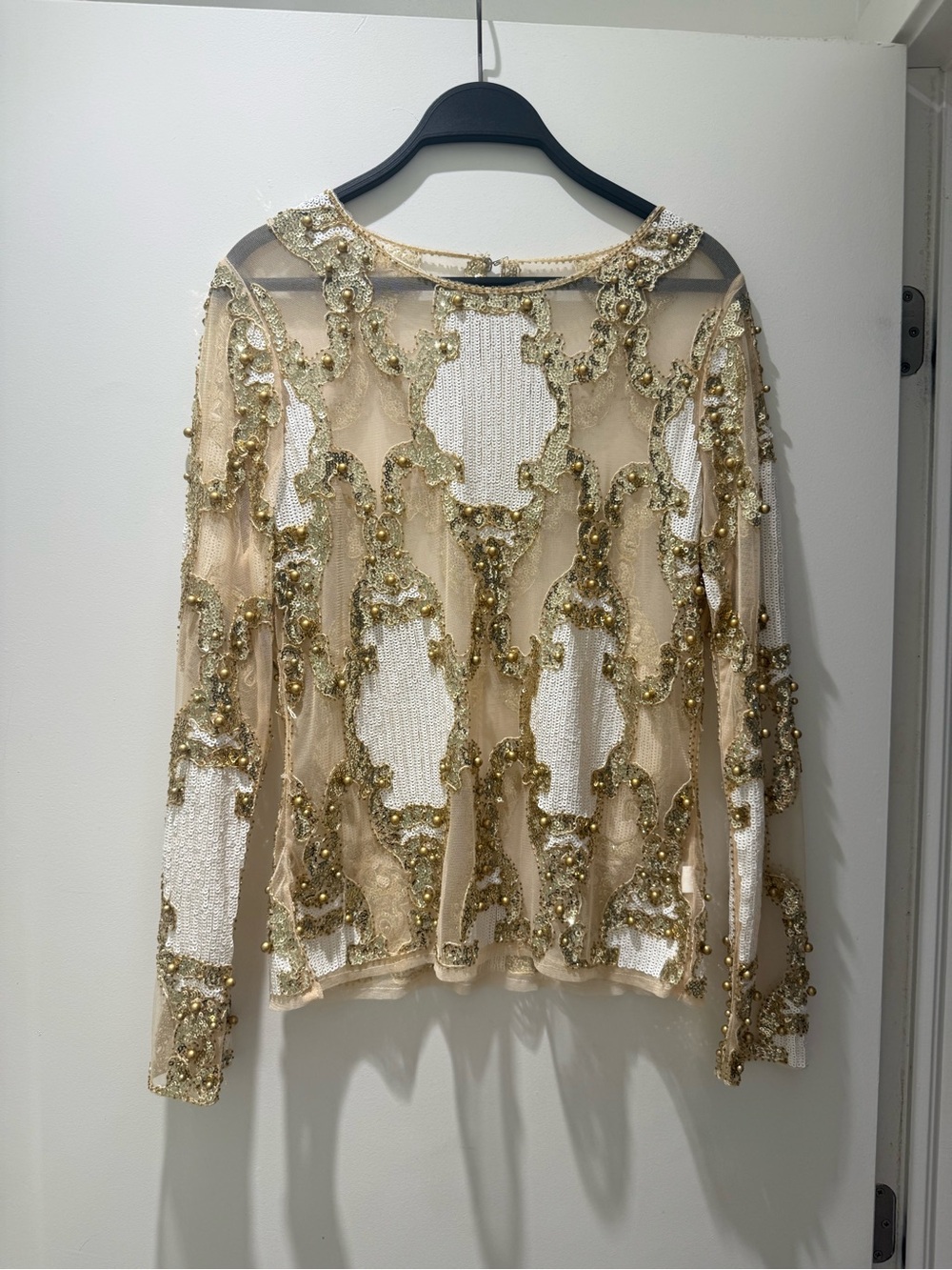 Embellished Sheer Long-Sleeve Top - Gold/Beige